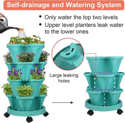 GameXcel Vertical Planter Tower - 4 Tier Stackable Garden Planters with Wheels and Tools Plant Pots for Strawberry Herb Flower and Vegetable Indoor Outdoor Use Teal