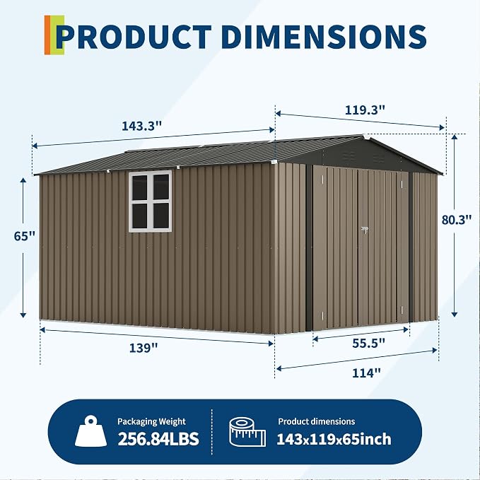 GarveeLife 10 x 12 FT Metal Storage Shed for Outdoor with Floor Frame&Clear Window,Steel Yard Shed with Design of Lockable Doors, Utility and Tool Storage for Garden, Backyard, Patio, Outside, Brown