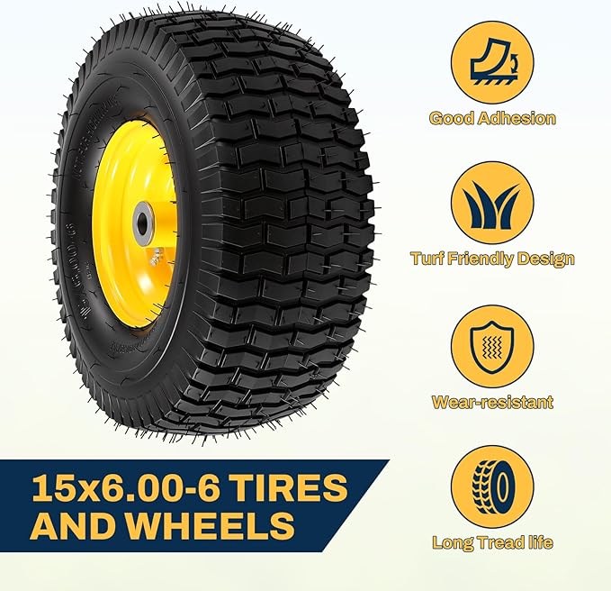 15x6.00-6 Lawn Mower Tire and Wheel, Replacement for John Deere Craftsman Husqvarna Riding Mowers, 4 Ply Tubeless Lawn Mower Tires 15x6x6, 500lbs Capacity, 3" Offset Hub, 3/4" Bushing, 2 Pack