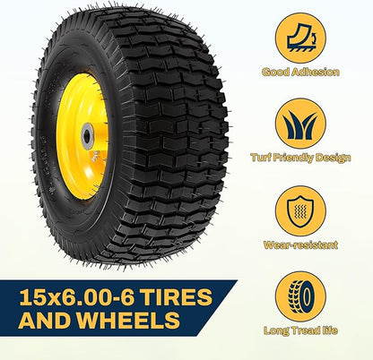 15x6.00-6 Lawn Mower Tire and Wheel, Replacement for John Deere Craftsman Husqvarna Riding Mowers, 4 Ply Tubeless Lawn Mower Tires 15x6x6, 500lbs Capacity, 3" Offset Hub, 3/4" Bushing, 2 Pack