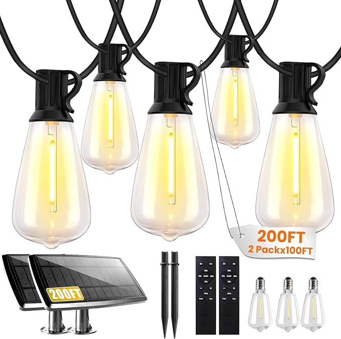 Bdrofn 200FT Solar String Lights Outdoor Waterproof, Solar Patio Lights with Remote Control & 60+2 Dimmable ST38 Edison Bulbs Shatterproof,Solar Powered String Lights for Outside Garden Backyard