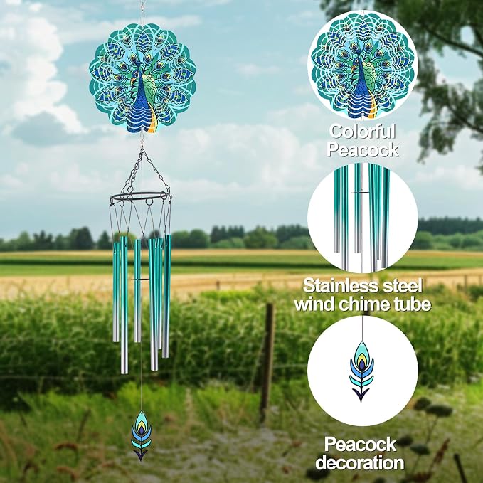 Wind Chimes with Peacock Wind Spinner, Gifts for Men, Women, Retirement, Teacher, Parents - Outdoor Hanging Decor Clearance for Garden, Patio, Backyard Or Porch