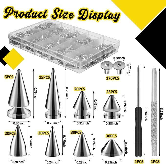 RYKOMO 354 Sets Punk Spikes and Studs Kit,Metal Tree Spikes Studs 8 Sizes, Cone Spike and Studs Rivets for Leather Craftsmanship, Punk Style Clothing, Jackets, Shoes, Belt Bags, Dog Collars