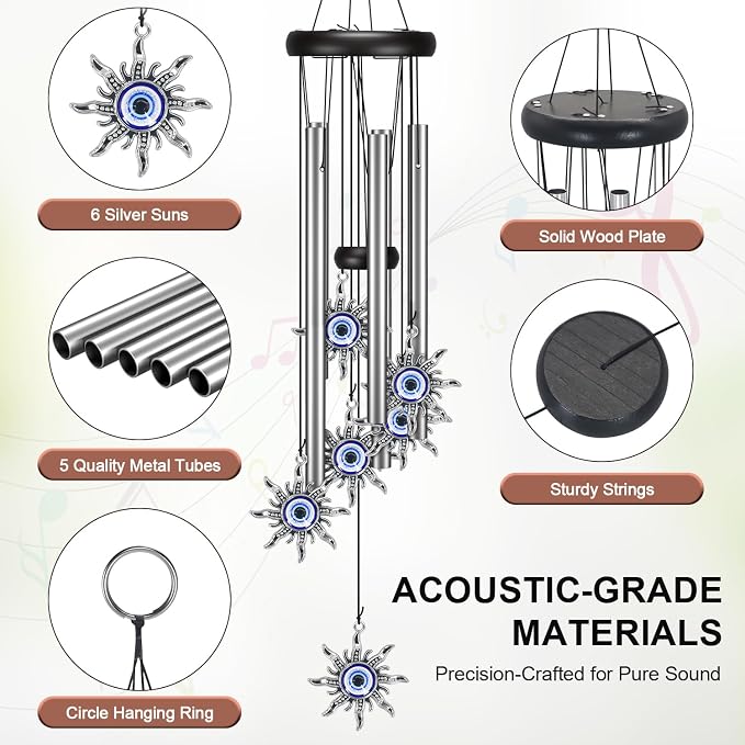 Virekm Windchimes Outdoors,Wind Chimes for Outside Clearance, Wind Chime with Natural Sounds, Outdoor/Indoor Decorations for Patio, Porch, Backyard and Garden Decor (Sun Evil Eyes)
