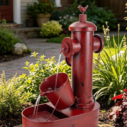 2-Tier Outdoor Water Fountain, 27" Heavy-Duty Metal Garden Fountains | Rustic Waterfall with Pumb & Debris Filter Screen, Rustproof Fire Hydrant Soothing Water Flow for Patio Yard Porch Decor