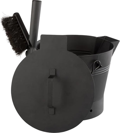 Pure Garden Ash Bucket - Metal Bucket with Lid (2.11-Gallon), Broom, and Shovel for Fireplace or Firepit Ashes - Fireplace Tools (Black) - 1 Count