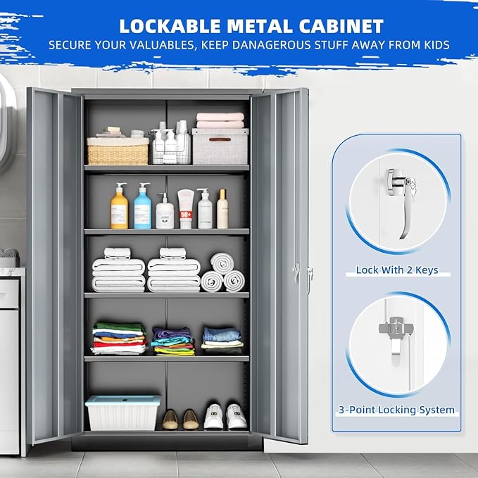 INTERGREAT Metal Storage Cabinet,72" Locking Steel Cabinets with 2 Doors and 4 Adjustable Shelves,Tall Steel Storage for Home Office, Garage,Warehuse (Black Grey)