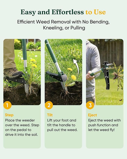 Grenebo Stand Up Weed Puller Tool, Claw Garden Weed Removal Tool with Eject Mechanism, Heavy-Duty Manual Weeder, Root Weed Remover Tool for Dandelion, Crabgrass & Weeds, Without Bending, or Kneeling