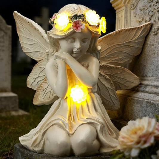 Solar Angel Garden Statue Outdoor Decor for Mother's Day, Fairy Figurine with Garland Flower Light, Cemetery Decoration for Grave, Yard, Patio, House Warming Birthday Gifts for Women, Mom