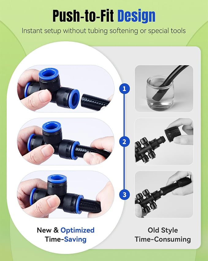 Pawfly 20 Pcs Quick Connect Drip Irrigation Fittings Kit for 1/2" Tubing (0.62-0.63" OD), Drip Line Connectors Set with 4 Tees 4 Couplings 4 Elbows 4 End Plugs 2 Shut Off Valves & 2 Faucet Adapters
