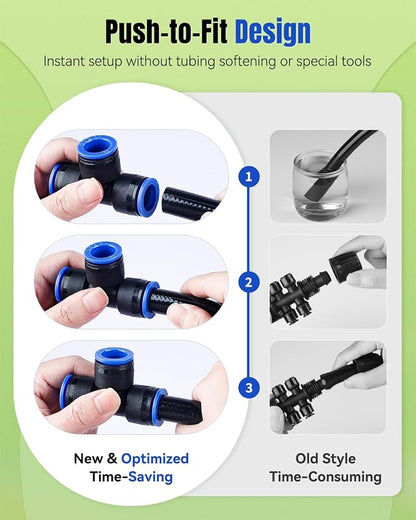 Pawfly 20 Pcs Quick Connect Drip Irrigation Fittings Kit for 1/2" Tubing (0.62-0.63" OD), Drip Line Connectors Set with 4 Tees 4 Couplings 4 Elbows 4 End Plugs 2 Shut Off Valves & 2 Faucet Adapters