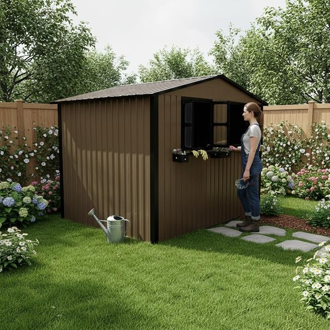 6x9 FT Outdoor Storage Shed with 2 Clear Openable Windows,Waterproof Metal Building Backyard Shed w/Windowsill & Garden Bed Flower Rack,Lockable Double Doors Tool Shed,for Yard,Brown