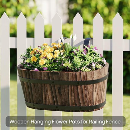 2PACK Railing Planter Box Wood Hanging Flower Pots for Railing Fence Outdoor Balcony Planters for Wall Window Flower Box Hanging Bucket Pots Countryside Plant Holder (Carbonized,2pcs,Large)