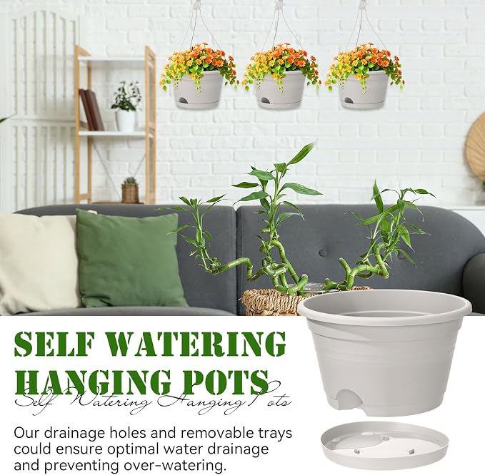 Roshtia 10 Pcs 10 Inch Hanging Baskets for Plants Large Plastic Hanging Basket Pots with Drainage Trays Self Watering Planter Pots for Outdoor Indoor Plants Flowers Garden Balcony (Grey White)