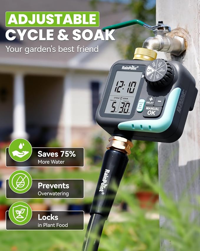 RAINPOINT Sprinkler Timer for Garden Hose - Hose Timer with Cycle & Soak/Rain Delay/Automatic Watering/Manual Watering, Programmable Irrigation System with Large Display for Lawn, Yard, Brass Inlet