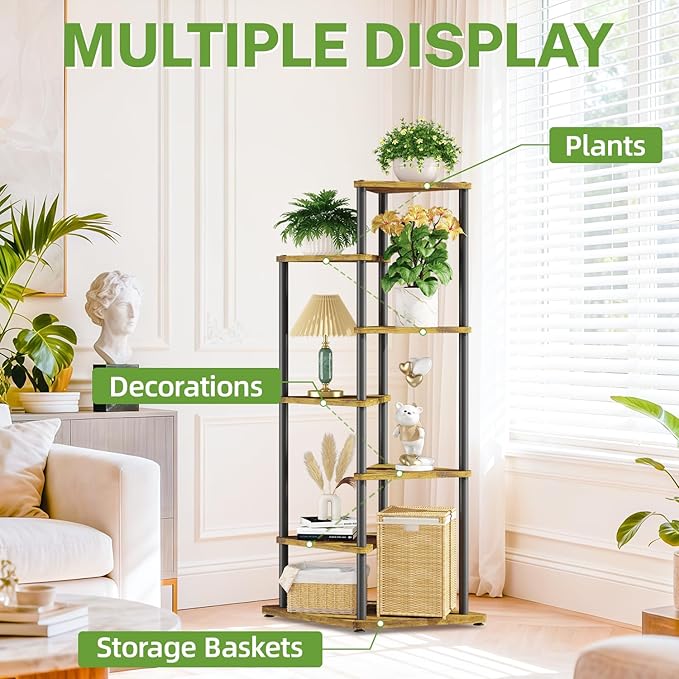 iDavosic.ly Tall Plant Stand Indoor for Large & Heavy Duty Planters, 6 Tier Corner Flower Shelf with Wooden Trays & Metal Frame, 49 Inch Orchid Rack for Living Room Balcony Porch, Black & Brown