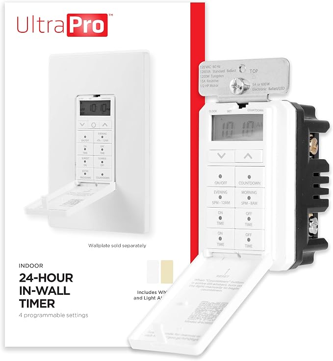 UltraPro 24-Hour Digital In-Wall Timer, Easy-to-Program, Presets, Countdown Timer, ON/OFF Override Button, 40955