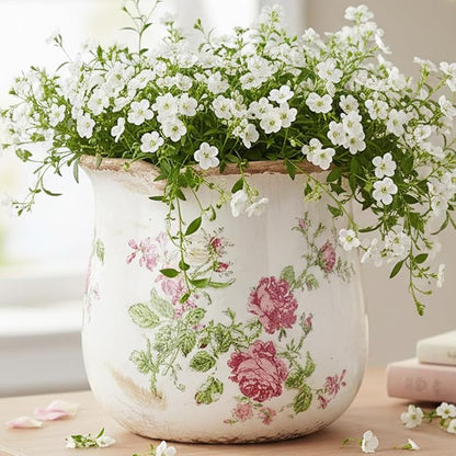 Xiaan Jiaju Shabby Chic Flower Pot, 6.11 Inch Ceramic Planter with Drainage for Indoor Plants, Vintage Ceramic Vase, Country Chic Spring Garden Home Decor, Pink Rose Floral