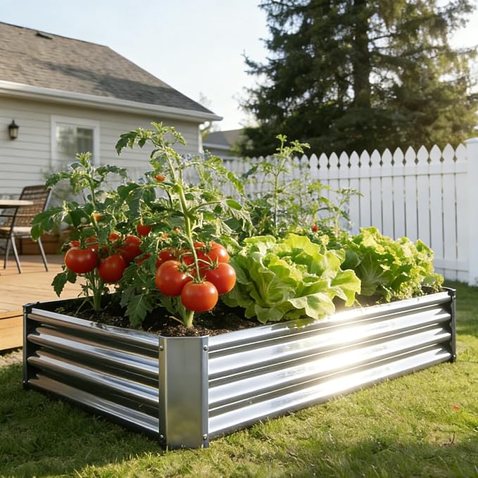 Metal Galvanized Raised Garden Bed Kit, 4 x 2 x 1 ft Galvanized Steel Raised Garden Planter Box Outdoor with Open Base for Growing Vegetables/Flowers/Herbs/Fruits/Succulents, Rectangle, Silver