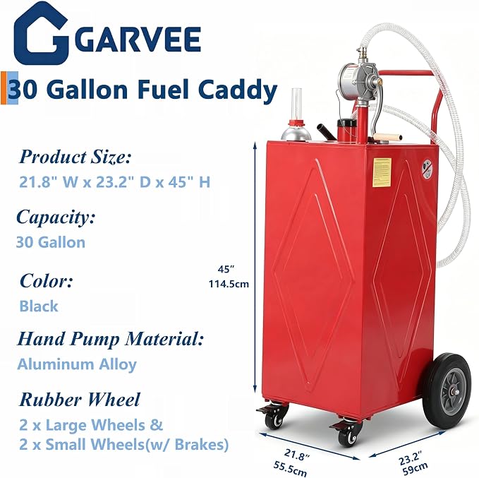 Garvee 30 Gallon Fuel Caddy with Manual Transfer Pump, Portable Gas Storage Tank on 4 Wheels, Gasoline & Diesel Fuel Storage Tank for Cars, Lawn Mowers, ATVs, Boats, More, Red | Portable Gas Storage Tank on 4 Wheels, Gasoline & Diesel Fuel Storage Tank...