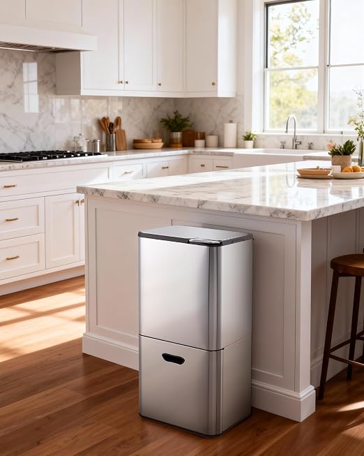 GarveeHome 16 Gallon Dual Trash Can for Kitchen, 2 Compartment Stainless Steel Garbage Can, 33L+28L Kitchen Recycling Bin with Compost Caddy, Removable Inner Bucket & Odor Control, Silver