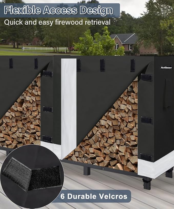 8ft Firewood Rack Cover for Wood Holder, Waterproof Wood Pile Cover for Outside, Indoor Outdoor Log Rack Cover for Firewood with Buckle, Black (Frame not Include)