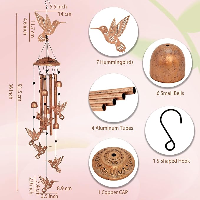 GDNSFIT Hummingbird Wind Chimes for Outside,Metal Windchimes,Hummingbird Gifts for Women/Men,Wind Chime Garden Decor Outdoor,Memorial/Housewarming/Birthday/Festival Gifts,Front Yard Decor