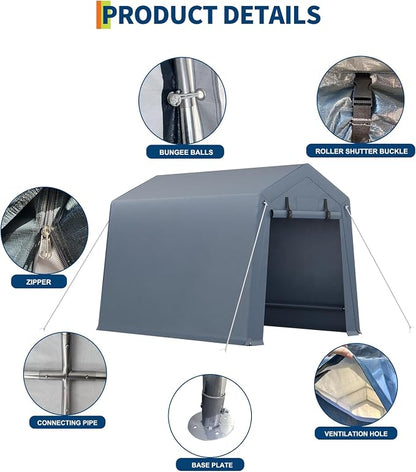 6x6 ft Outdoor Storage Shed, Portable Carport with Roll-up Ventilated Zipper Door and Windows, Heavy Duty Waterproof Tarp, Storage Sheds for Motorcycle, Bike, Firewood, Garden Tools