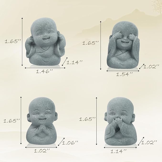 4pcs Mini Laughing Buddha Statues Monk Sandstone Sculptures Cute Baby Buddha Figurine Set Wealth Good Luck Decor Zen Spiritual Ornaments for Home Aquarium Office Garden - Style A