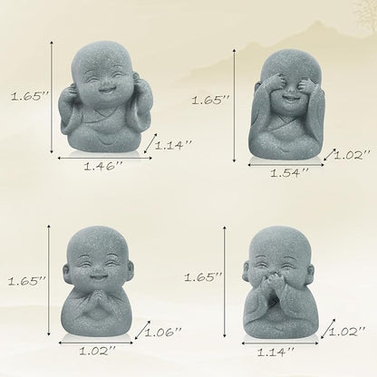 4pcs Mini Laughing Buddha Statues Monk Sandstone Sculptures Cute Baby Buddha Figurine Set Wealth Good Luck Decor Zen Spiritual Ornaments for Home Aquarium Office Garden - Style A