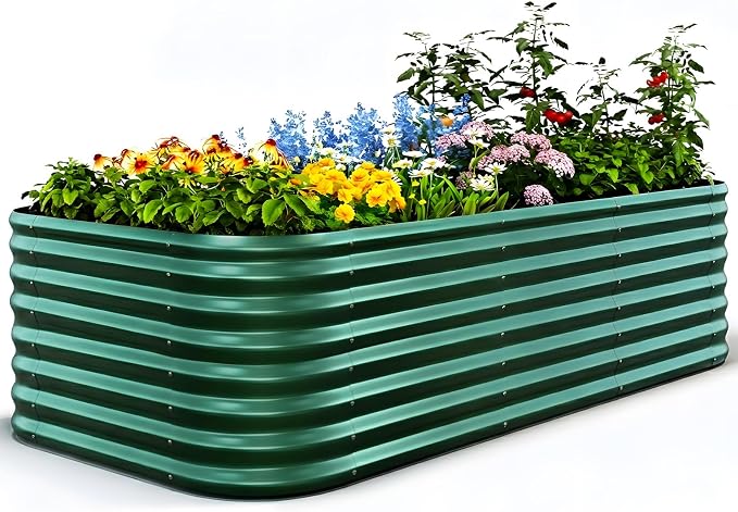 Quictent Galvanized Raised Garden Bed Kit, 8x4x2 ft Oval Metal Planter Box Tall for Vegetables Outdoor Backyard, Strengthened by Crossbar, Dark Green