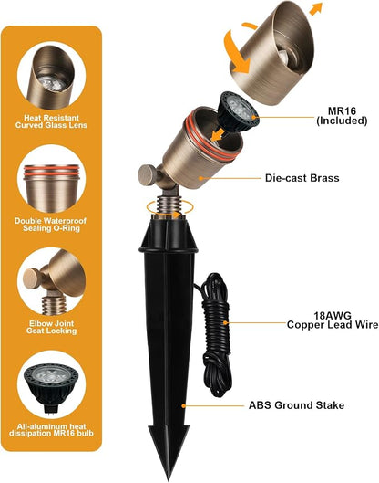 PARTPHONER Solid Brass Low Voltage Landscape Lighting, Wired 12V LED Landscape Spotlights with Aluminum Housing MR16 Bulb, Heavy Duty Outdoor Waterproof Up Lights for Garden, Yard, Trees, 1Pack