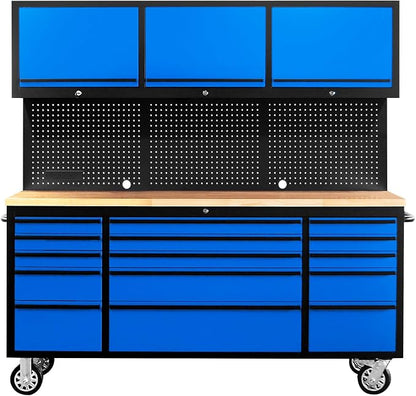 CHETTO C 72 inch Tool Chest Tool Box Mobile 15 Drawer Storage 3 Upper Cabinet Power Outlet SS-Pegboard with Wheels Lock Key Locking System Drawer Liners for Garage Warehouse Repair Shop