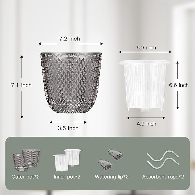 QCQHDU 2 Pack Self Watering Pots, 5.7 Inch, with Drainage Holes, Gray | Plastic Garden Planter with Water Filling Port for Indoor Plants