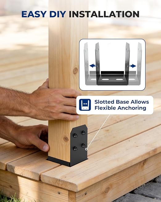 8x8 Post Base Brackets 4-Pack (7.5x7.5in Actual) - Heavy Duty Deck Post Anchor for Pergola, Gazebo, Playset - Black Powder Coated Steel with Standoff
