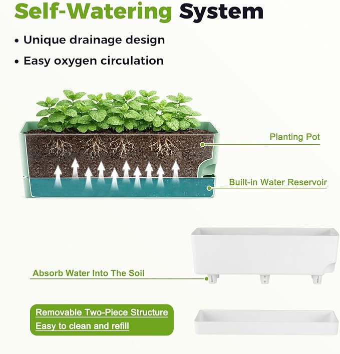 2 Pack Self Watering Pots for Indoor Plants 17 Inches Window Boxes Planters Rectangular Flower Pots Rectangle Herb Pots Large Plant Pots with Drainage Holes and Saucers Windowsill Planter, White