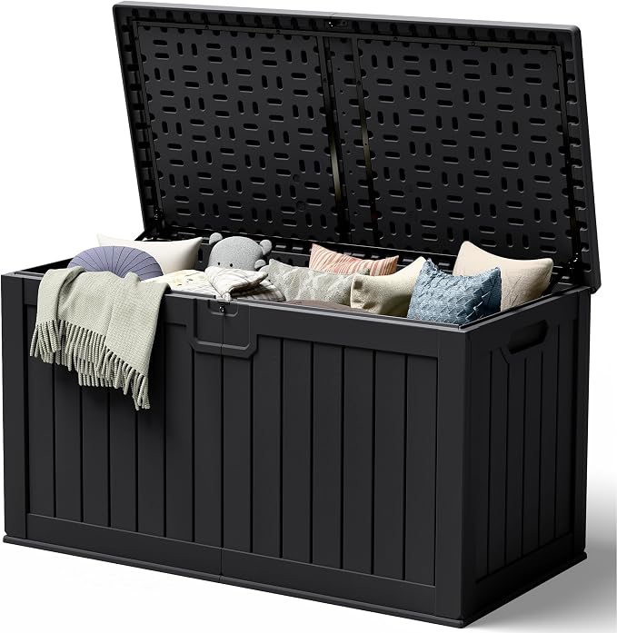 240 Gallon HDPE Deck Box Outdoor Indoor Waterproof Storage Box for Patio Furniture, Pool Accessories, Garden Tools, and Cushion Storage, Black