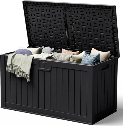 240 Gallon HDPE Deck Box Outdoor Indoor Waterproof Storage Box for Patio Furniture, Pool Accessories, Garden Tools, and Cushion Storage, Black
