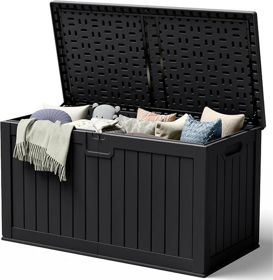240 Gallon HDPE Deck Box Outdoor Indoor Waterproof Storage Box for Patio Furniture, Pool Accessories, Garden Tools, and Cushion Storage, Black