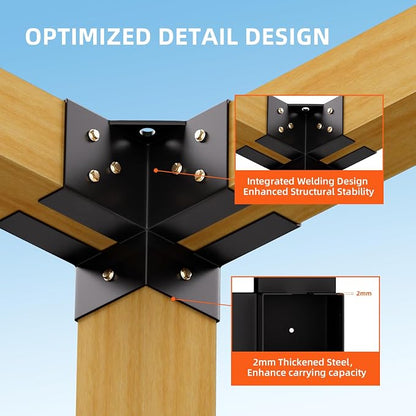 Pergola Brackets Kit 4x4 (Inner Size 3.7x3.7), 4 Pack 3-Way Heavy Duty 90° Right Angle Corner Brackets for DIY Woodworks, Easy Install Pergola Kit for Patio, Gazebos, and Outdoor Structures