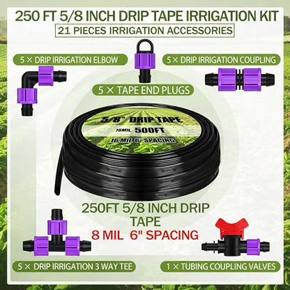 Tondiamo 250' 5/8 Inch Drip Tape Irrigation Tubing Kit 8 Mil 6" Spacing Garden Hose Watering Tube Line Automatic Equipment for Garden Irrigation System Farms, Landscape, Lawn