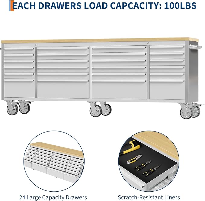 PeakPursuit 96" Rolling Tool Chest with 24 Drawers, Solid Rubber Wood Workbench Top, Locking Wheels & Key Lock, Mobile Garage Storage Cabinet for Workshop Organization, Silver