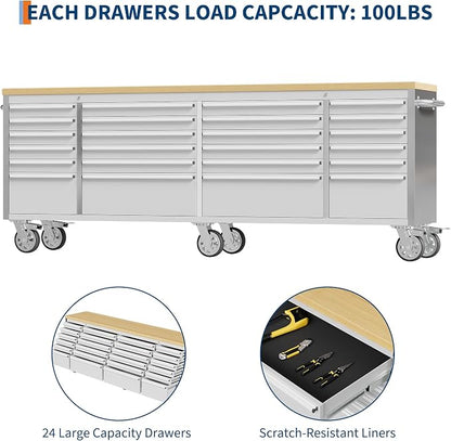 PeakPursuit 96" Rolling Tool Chest with 24 Drawers, Solid Rubber Wood Workbench Top, Locking Wheels & Key Lock, Mobile Garage Storage Cabinet for Workshop Organization, Silver