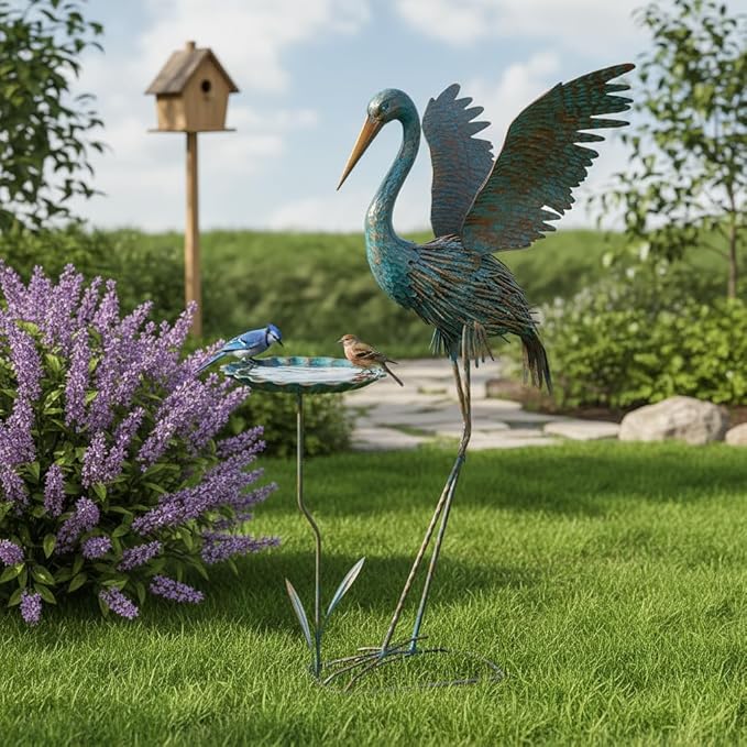 Large Heron Outdoor Statues with Leaf Tray | Waterproof Crane Garden Statue for Outside, Elegant Metal Crane Yard Art Garden Decor for Garden Yard, Porch