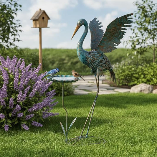 Large Heron Outdoor Statues with Leaf Tray | Waterproof Crane Garden Statue for Outside, Elegant Metal Crane Yard Art Garden Decor for Garden Yard, Porch