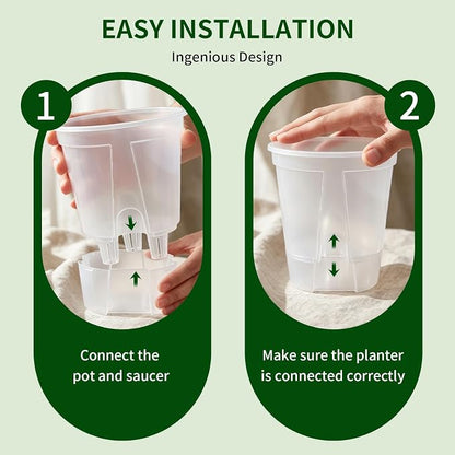 Cdd's Path Self Watering Pots Set with Deep Water Tank, Large Drainage Holes, Reservoir & Air Pipes, 5/6/7 Inch Naked Root Planter for Indoor Outdoor Plants, Flowers, Seedlings, Clear, 9 Pack