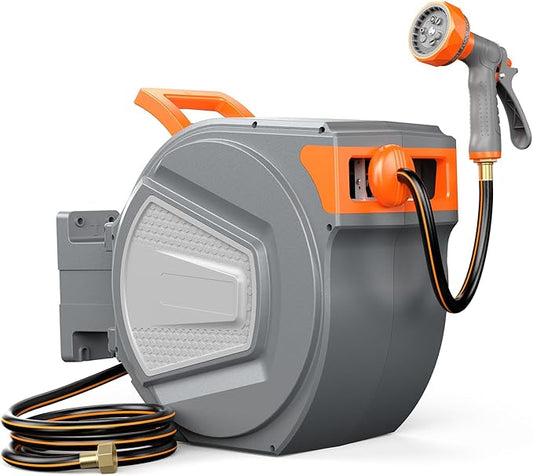 OLIXIS Automatic Retractable Garden Hose Reel, Heavy Duty Wall Mounted Water Reel with 1/2 in x 78 ft Hose, 9 Pattern Nozzle, Slow Rewind Any Length Lock, 180° Swivel for Garage Outside