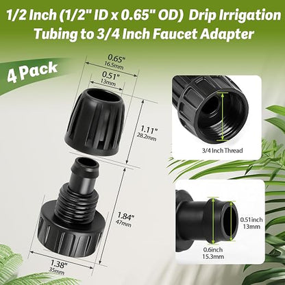 4 Pack 3/4" Garden Hose To 1/2" Irrigation Tubing Adapter, 1/2 Inch Drip Irrigation Tubing To Faucet Garden Hose Adapter 3/4 Inch FHT To 1/2 Inch Supply Line Adapter Fittings