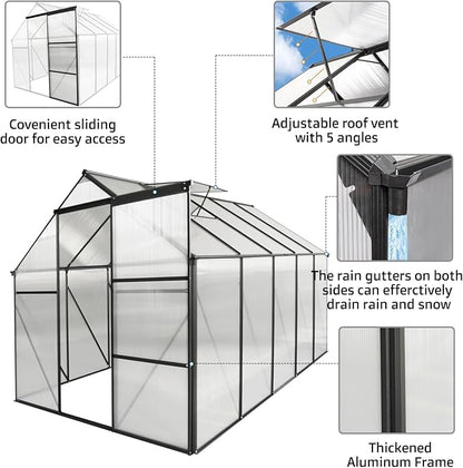 6x10 FT Polycarbonate Greenhouse with Sliding Door and Adjustable Roof, Heavy Duty Aluminum Walk-in Greenhouses w/ Raised Base for Outdoor Garden Backyard,Black