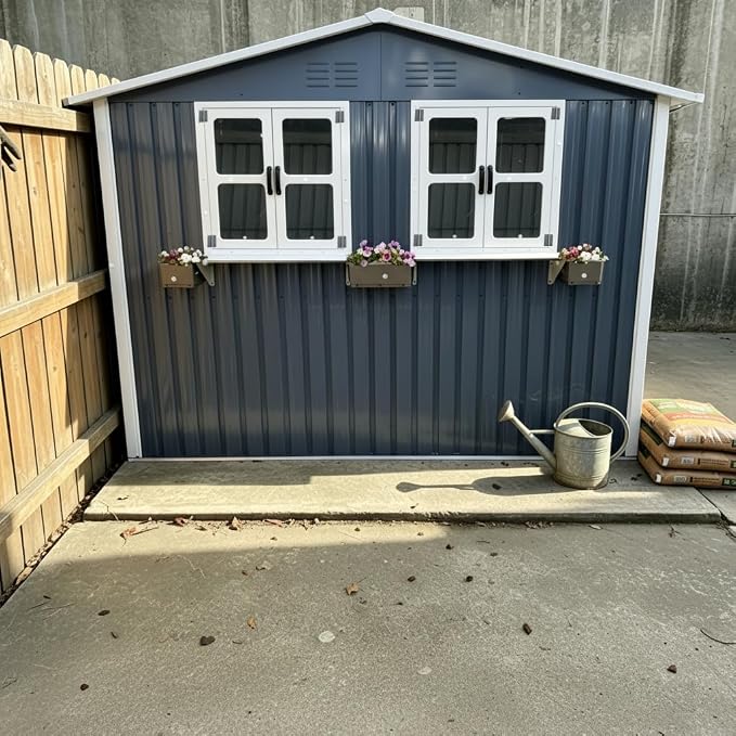 6x9 FT Outdoor Storage Shed with 2 Clear Openable Windows,Waterproof Metal Building Backyard Shed w/Windowsill & Garden Bed Flower Rack,Lockable Double Doors Tool Shed,for Yard,Coal Gray
